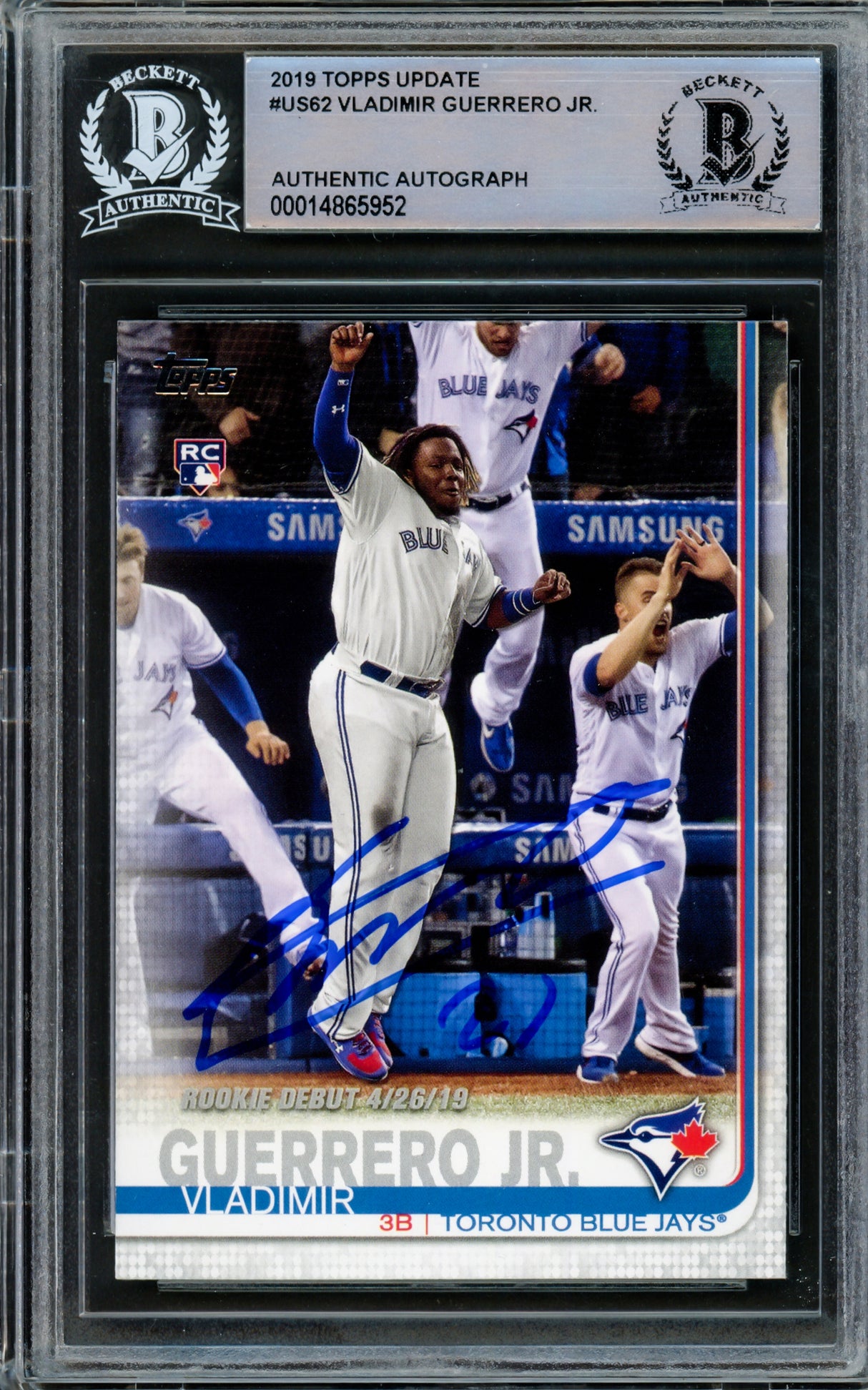 Vladimir Guerrero Jr. Autographed 2019 Topps Update Rookie Card #US62 Toronto Blue Jays Beckett BAS Stock #209787