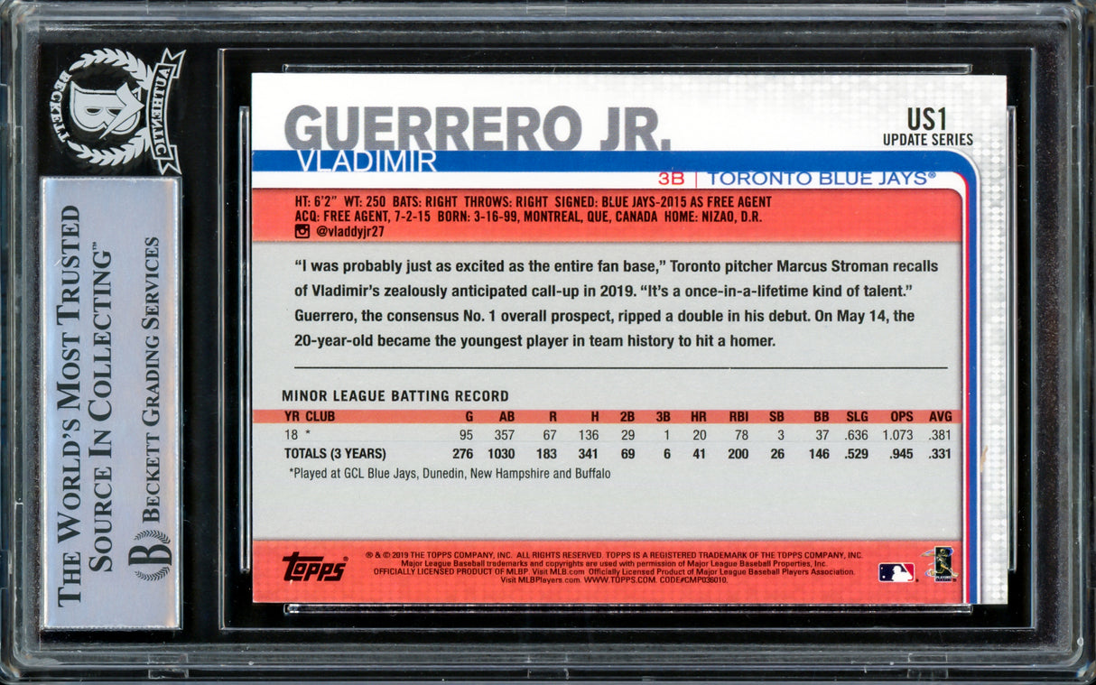 Vladimir Guerrero Jr. Autographed 2019 Topps Update Rookie Card #US1 Toronto Blue Jays Beckett BAS Stock #209788