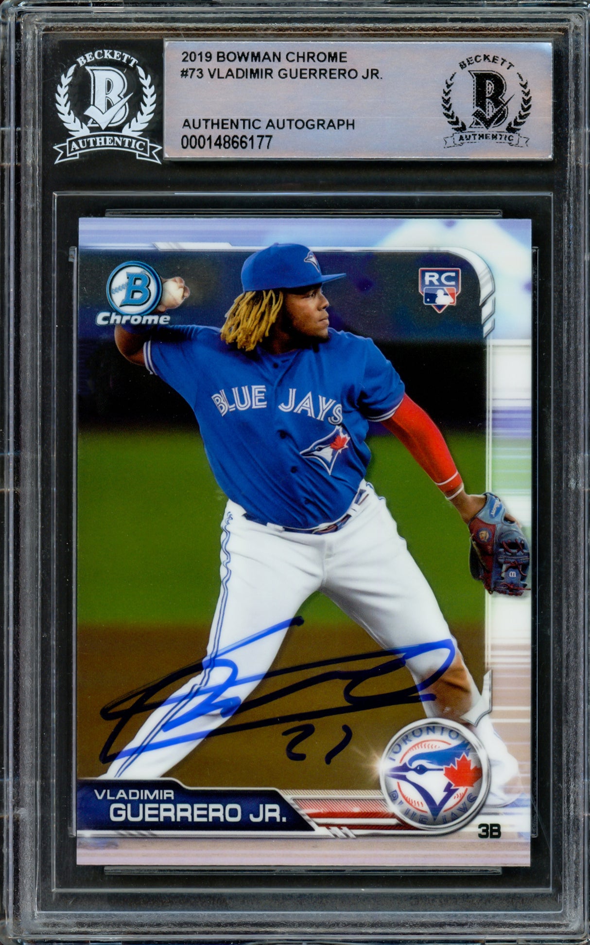 Vladimir Guerrero Jr. Autographed 2019 Bowman Chrome Rookie Card #73 Toronto Blue Jays Beckett BAS Stock #209789