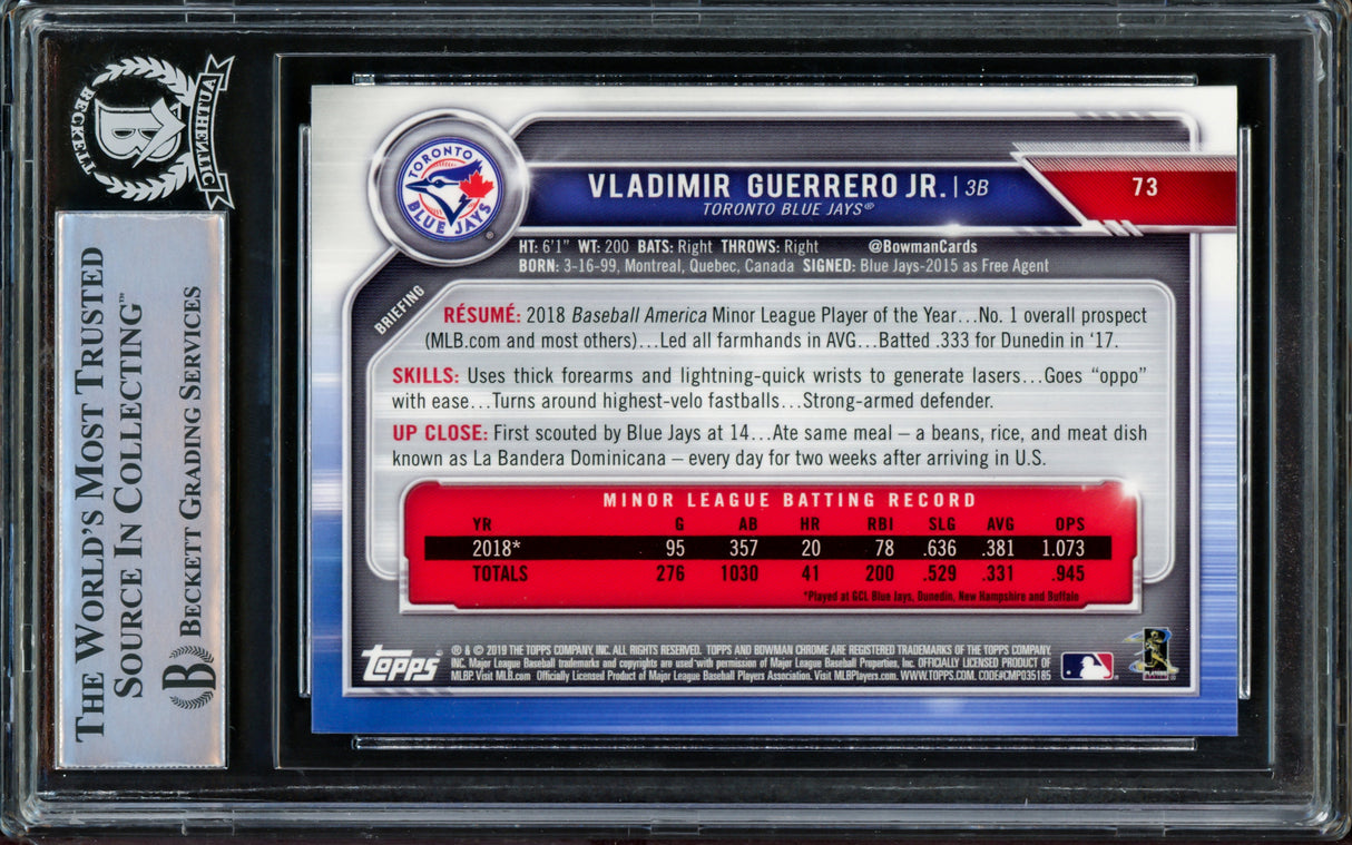Vladimir Guerrero Jr. Autographed 2019 Bowman Chrome Rookie Card #73 Toronto Blue Jays Beckett BAS Stock #209789