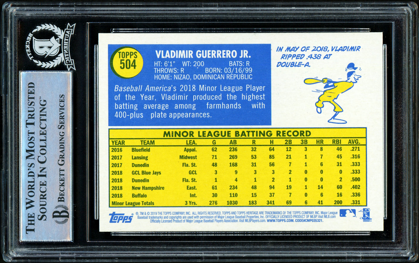 Vladimir Guerrero Jr. Autographed 2019 Topps Heritage Rookie Card #504 Toronto Blue Jays Beckett BAS Stock #209790
