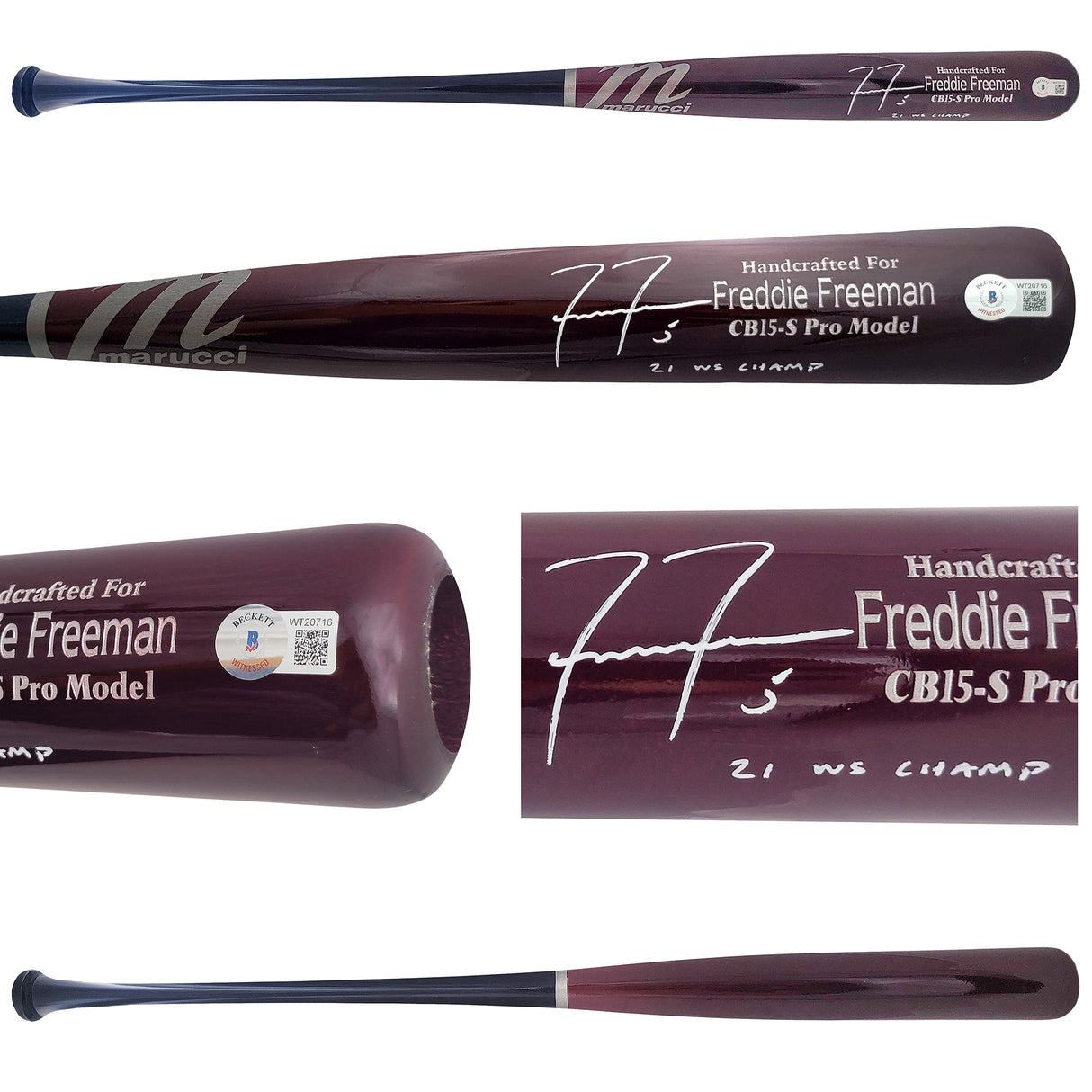 Freddie Freeman Autographed Red & Blue Marucci Game Model Bat Los Angeles Dodgers "21 WS Champs" Beckett BAS QR Stock #209155