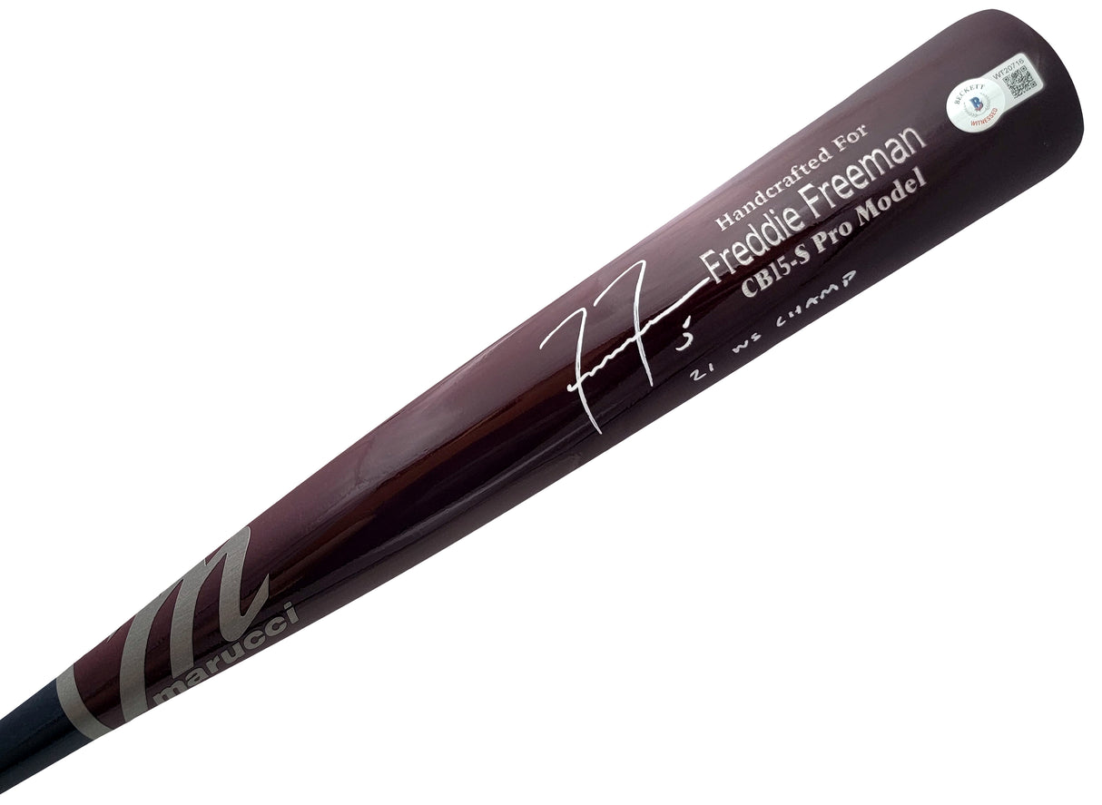 Freddie Freeman Autographed Red & Blue Marucci Game Model Bat Los Angeles Dodgers "21 WS Champs" Beckett BAS QR Stock #209155