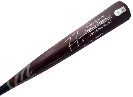 Freddie Freeman Autographed Red & Blue Marucci Game Model Bat Los Angeles Dodgers "21 WS Champs" Beckett BAS QR Stock #209155
