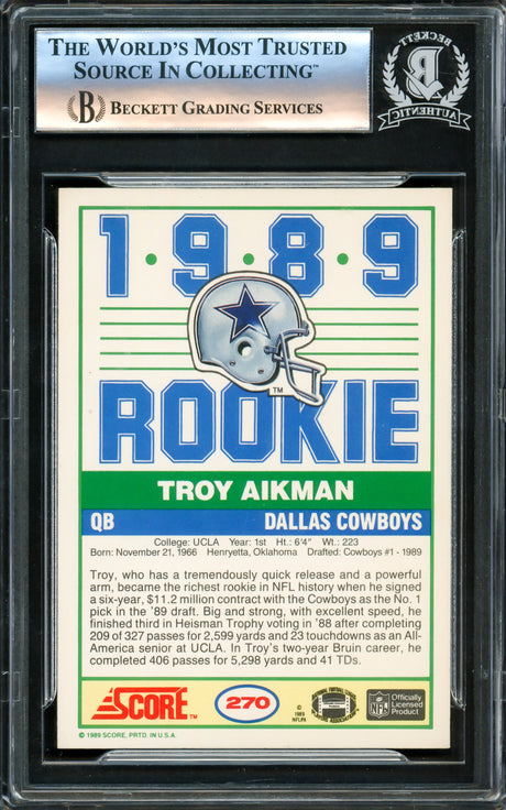 Troy Aikman Autographed 1989 Score Rookie Card #270 Dallas Cowboys Beckett BAS Stock #221172