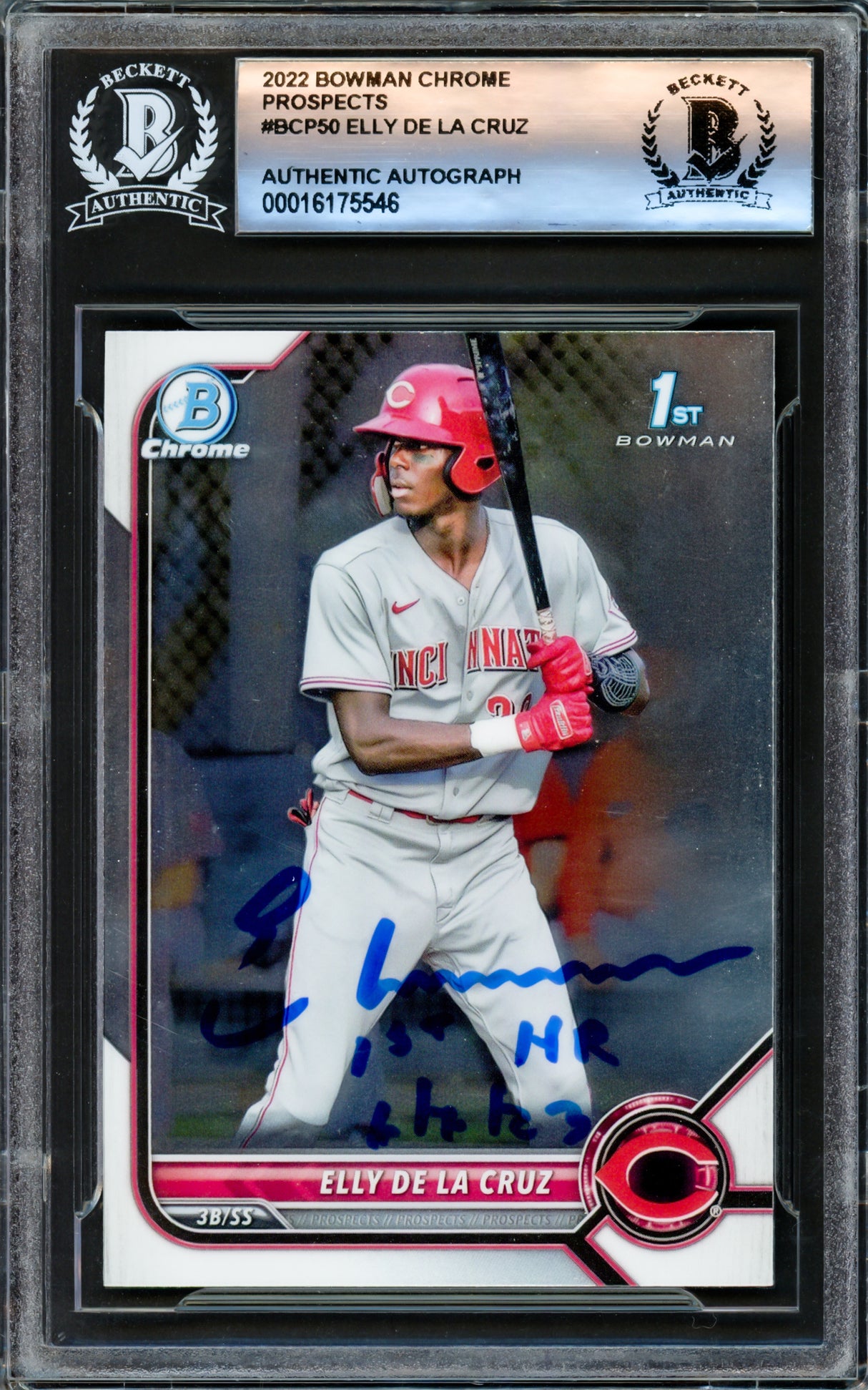 Elly De La Cruz Autographed 2022 Bowman Chrome Rookie Card #BCP50 Cincinnati Reds "1st HR 6/7/23" Beckett BAS Stock #221175