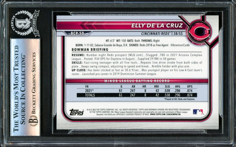 Elly De La Cruz Autographed 2022 Bowman Chrome Rookie Card #BCP50 Cincinnati Reds "1st HR 6/7/23" Beckett BAS Stock #221175