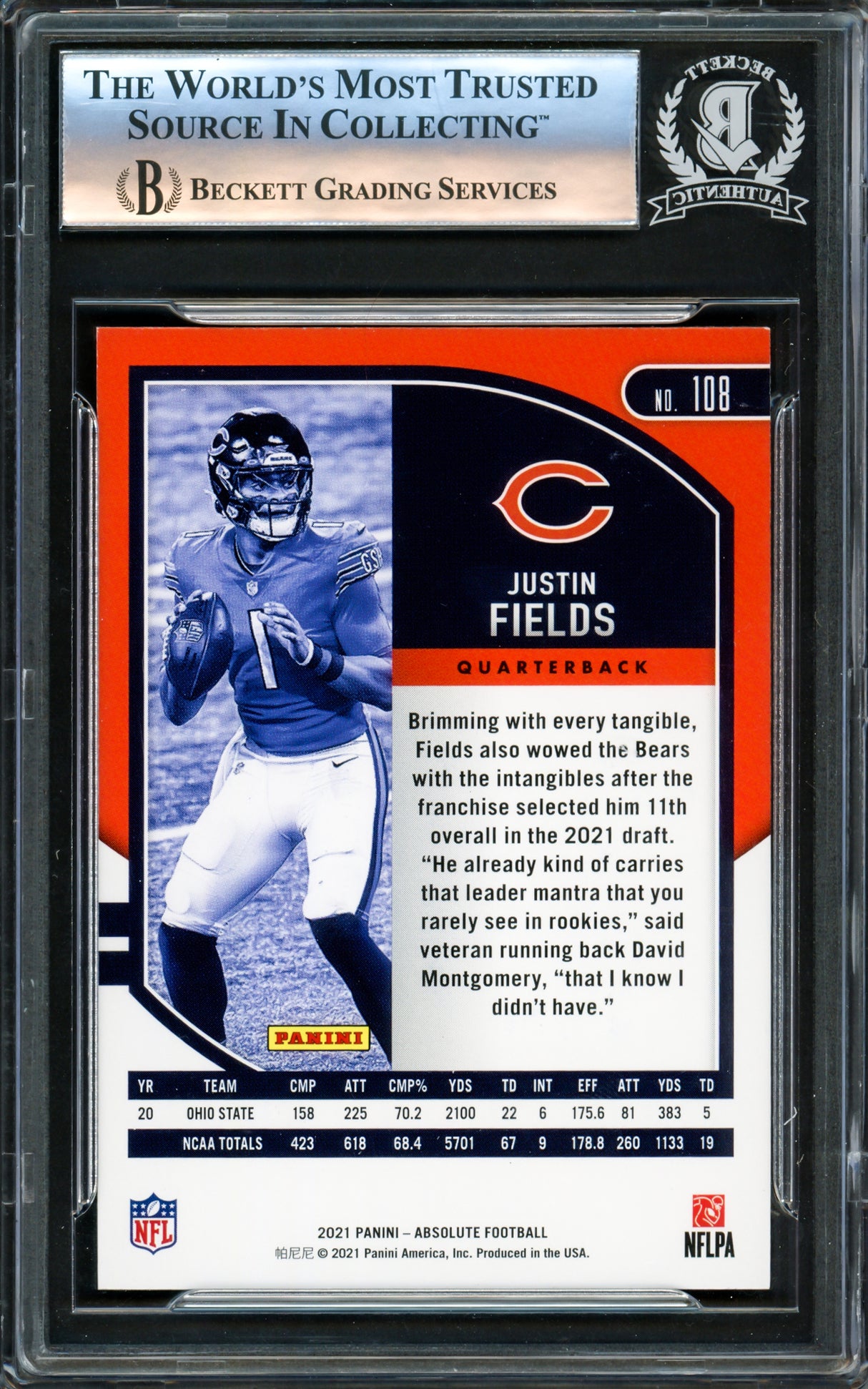 Justin Fields Autographed 2021 Absolute Rookie Card #108 Chicago Bears Beckett BAS Stock #221176