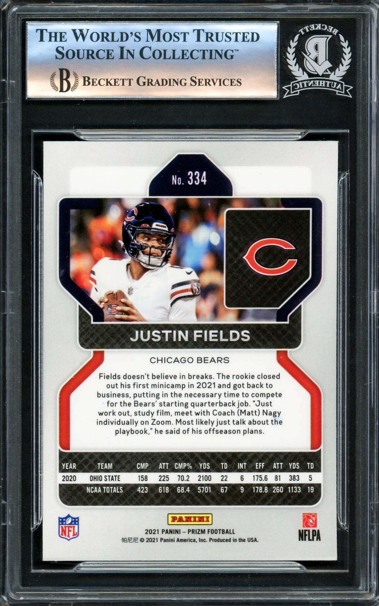 Justin Fields Autographed 2021 Panini Prizm Rookie Card #334 Chicago Bears Beckett BAS Stock #221180