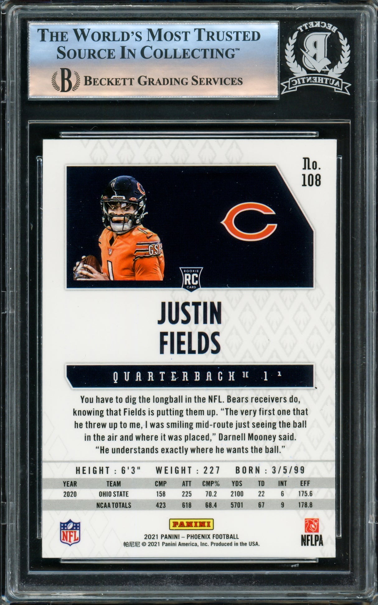 Justin Fields Autographed 2021 Phoenix Rookie Card #108 Chicago Bears Beckett BAS Stock #221184