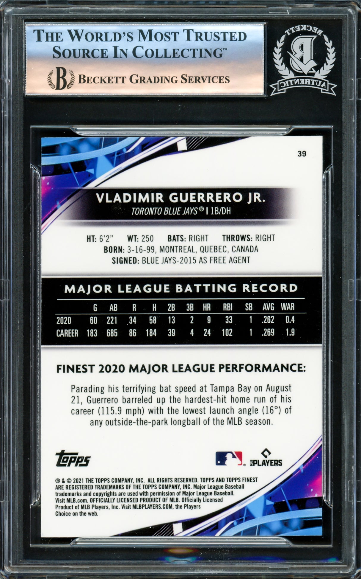 Vladimir Guerrero Jr. Autographed 2021 Topps Finest Card #39 Toronto Blue Jays Beckett BAS Stock #221189