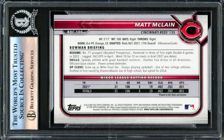 Matt McLain Autographed 2022 Bowman Draft Chrome Rookie Card #BDC100 Cincinnati Reds Beckett BAS Stock #221195