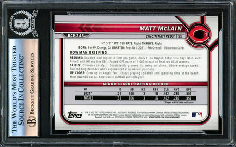 Matt McLain Autographed 2022 1st Bowman Chrome Rookie Card #BCP245 Cincinnati Reds "MLB Debut 5/15/23" Beckett BAS Stock #221196