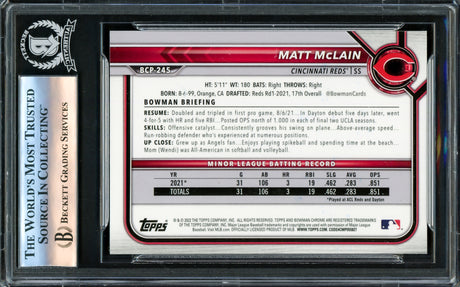 Matt McLain Autographed 2022 1st Bowman Chrome Rookie Card #BCP245 Cincinnati Reds Beckett BAS Stock #221197