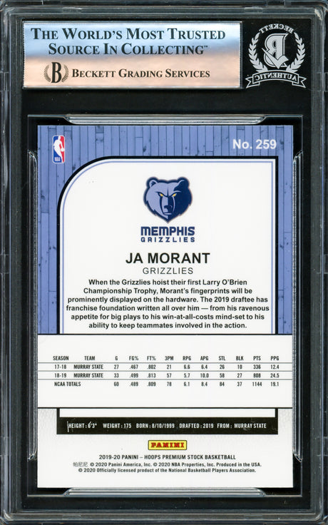 Ja Morant Autographed 2019-20 Hoops Premium Stock Rookie Card #259 Memphis Grizzlies Beckett BAS Stock #221205