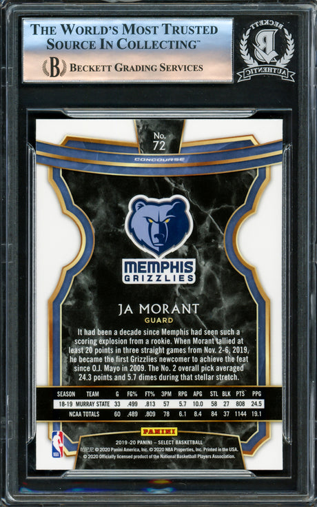 Ja Morant Autographed 2019-20 Panini Select Rookie Card #72 Memphis Grizzlies Beckett BAS Stock #221208