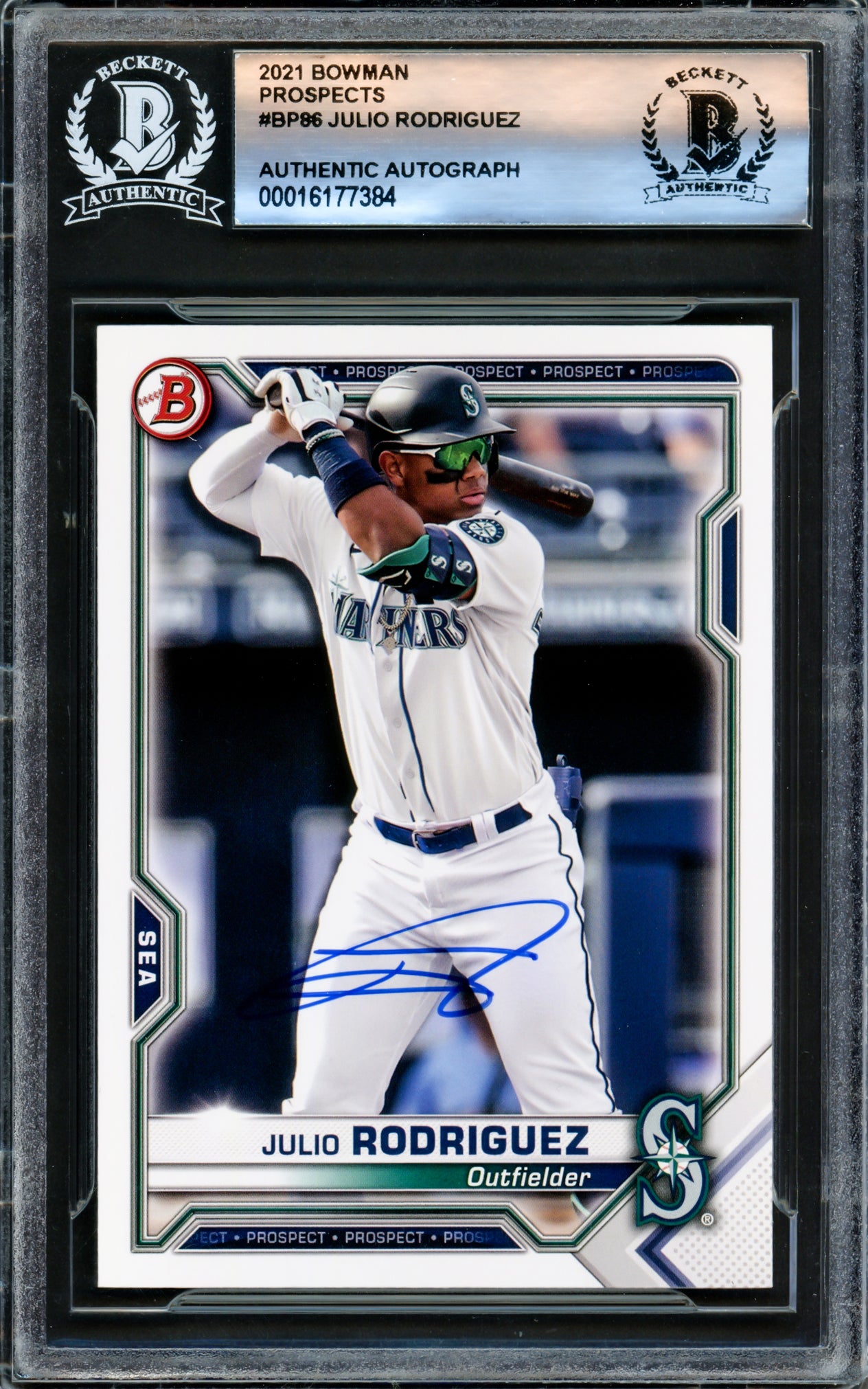 Julio Rodriguez Autographed 2021 Bowman Prospects Rookie Card #BP86 Seattle Mariners Beckett BAS Stock #221212