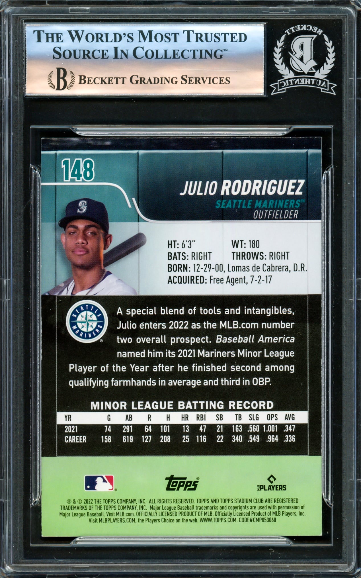Julio Rodriguez Autographed 2022 Stadium Club Rookie Card #148 Seattle Mariners Beckett BAS Stock #221213