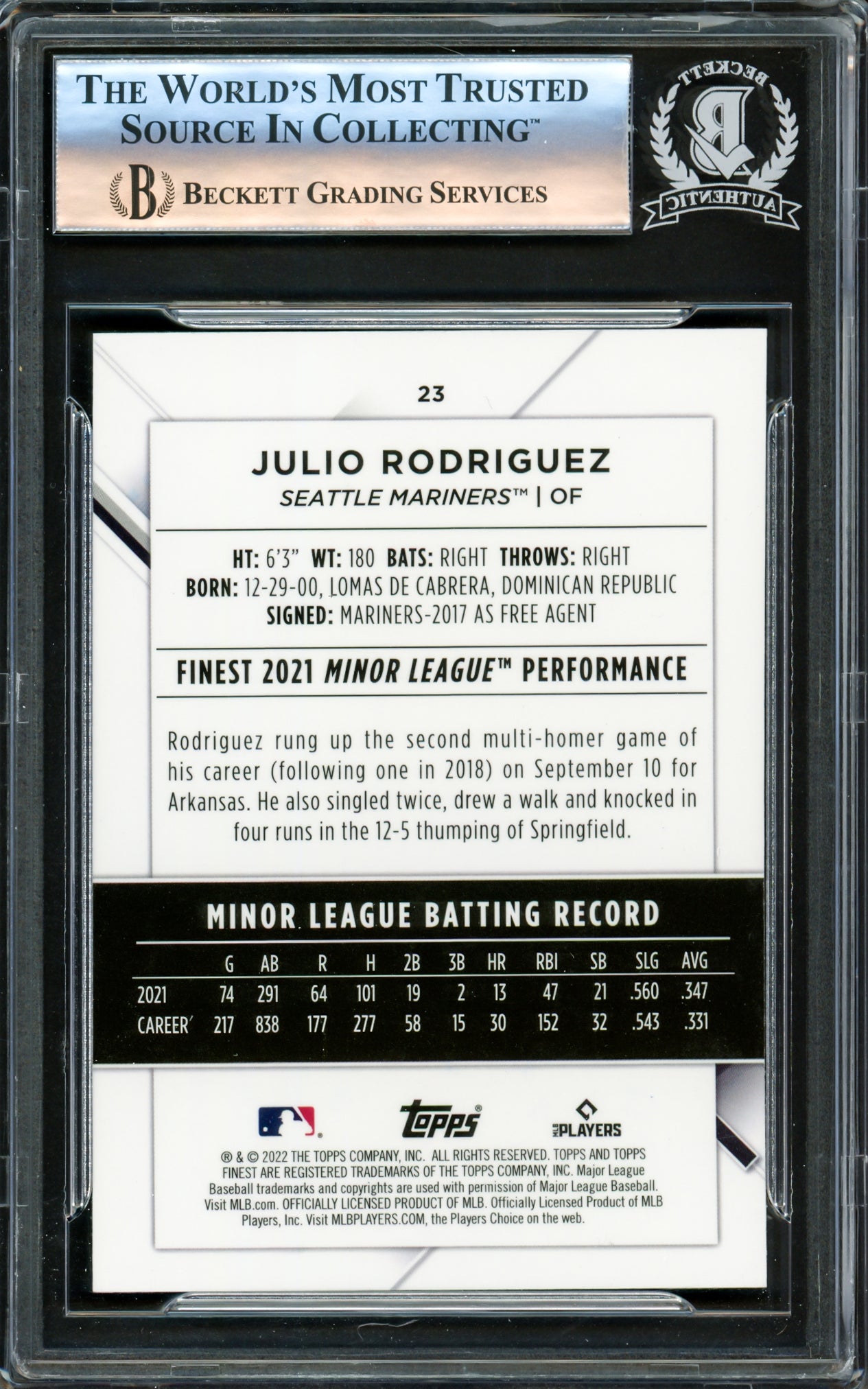 Julio Rodriguez Autographed 2022 Topps Finest Rookie Card #23 Seattle Mariners Beckett BAS Stock #221214