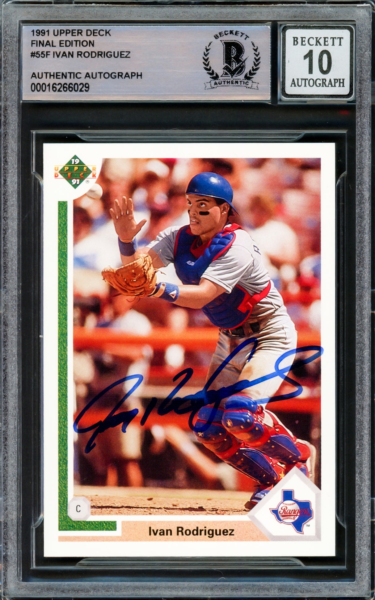 Ivan Rodriguez Autographed 1991 Upper Deck Final Edition Rookie Card #55F Texas Rangers Auto Grade Gem Mint 10 Beckett BAS Stock #221311