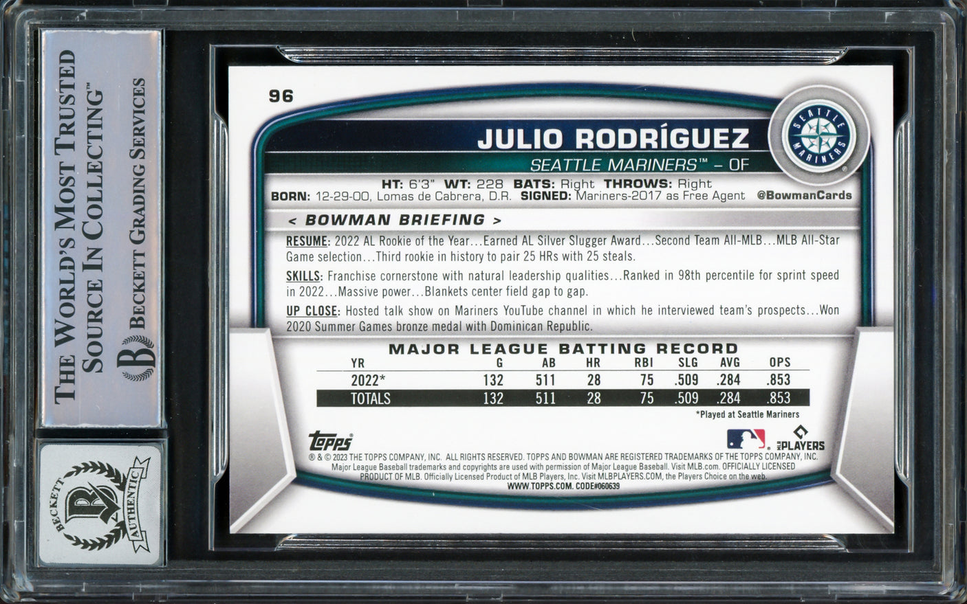Julio Rodriguez Autographed 2023 Bowman Card #96 Seattle Mariners Auto Grade Gem Mint 10 Beckett BAS Stock #221313