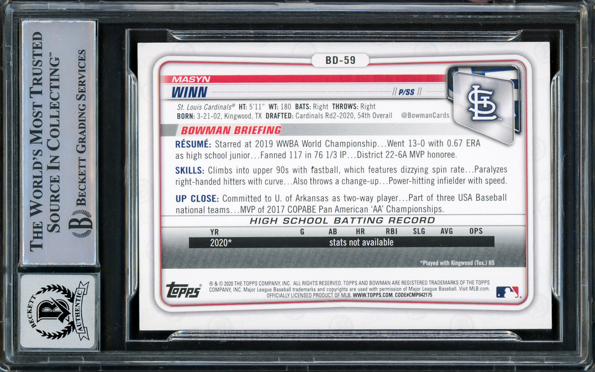 Masyn Winn Autographed 2020 Bowman Draft Rookie Card #BD-59 St. Louis Cardinals Full Name Auto Grade Gem Mint 10 Beckett BAS Stock #221314