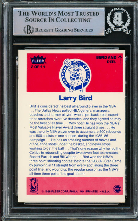 Larry Bird Autographed 1986-87 Fleer Sticker Card #2 Boston Celtics Beckett BAS #14612408
