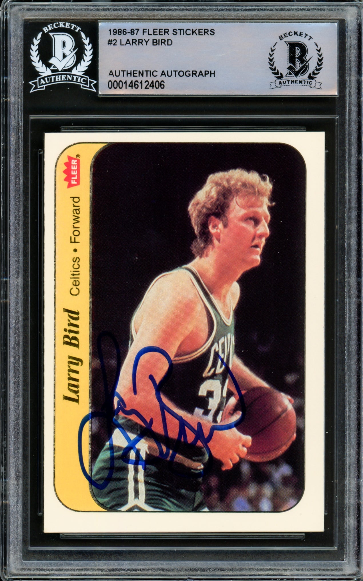 Larry Bird Autographed 1986-87 Fleer Sticker Card #2 Boston Celtics Beckett BAS #14612406