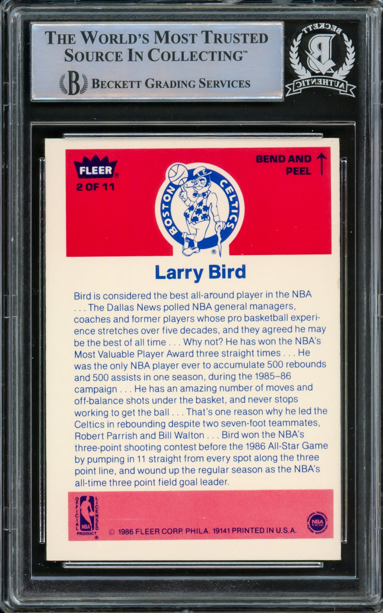 Larry Bird Autographed 1986-87 Fleer Sticker Card #2 Boston Celtics Beckett BAS #14612406