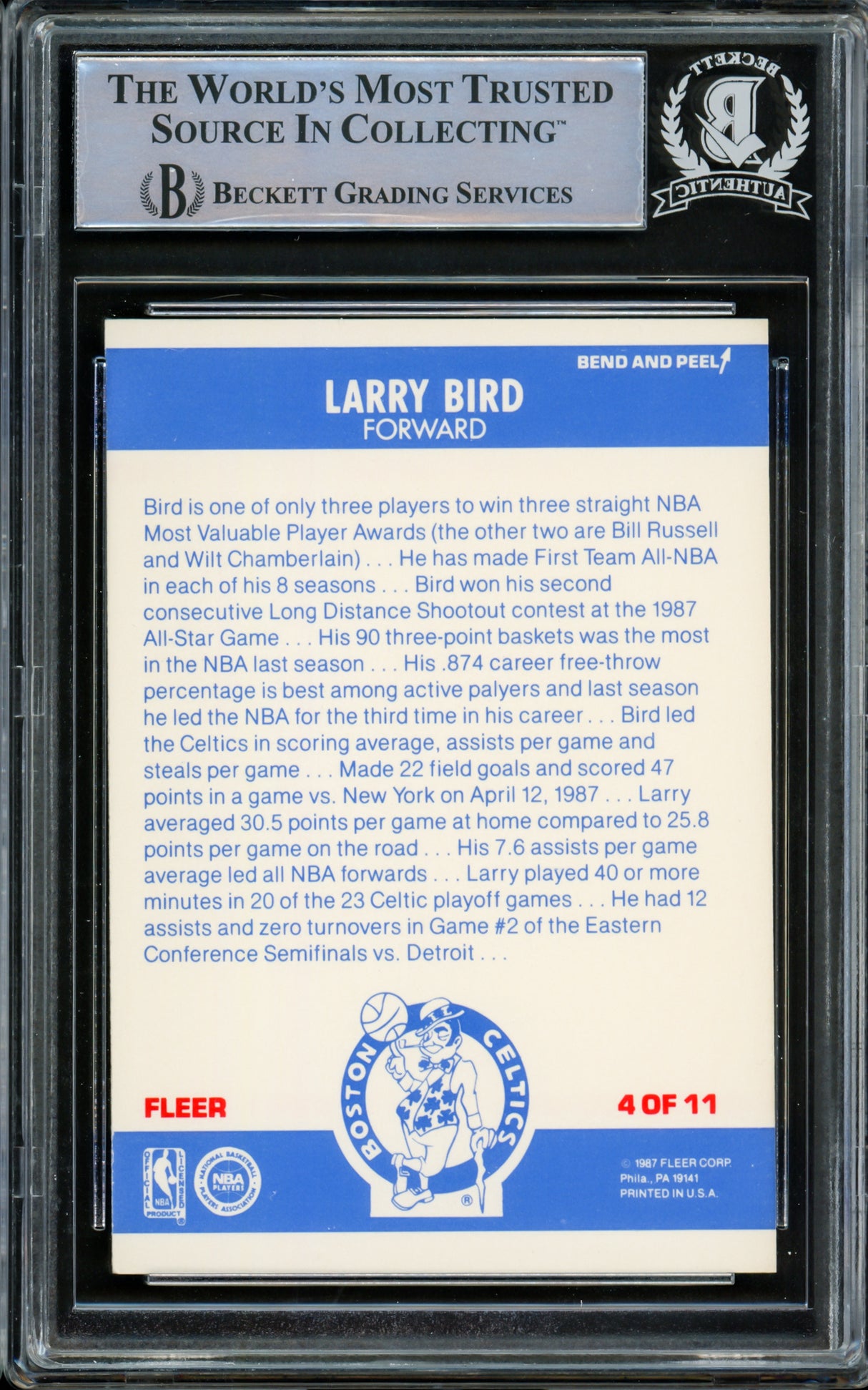 Larry Bird Autographed 1987-88 Fleer Sticker Card #4 Boston Celtics Beckett BAS #14612413