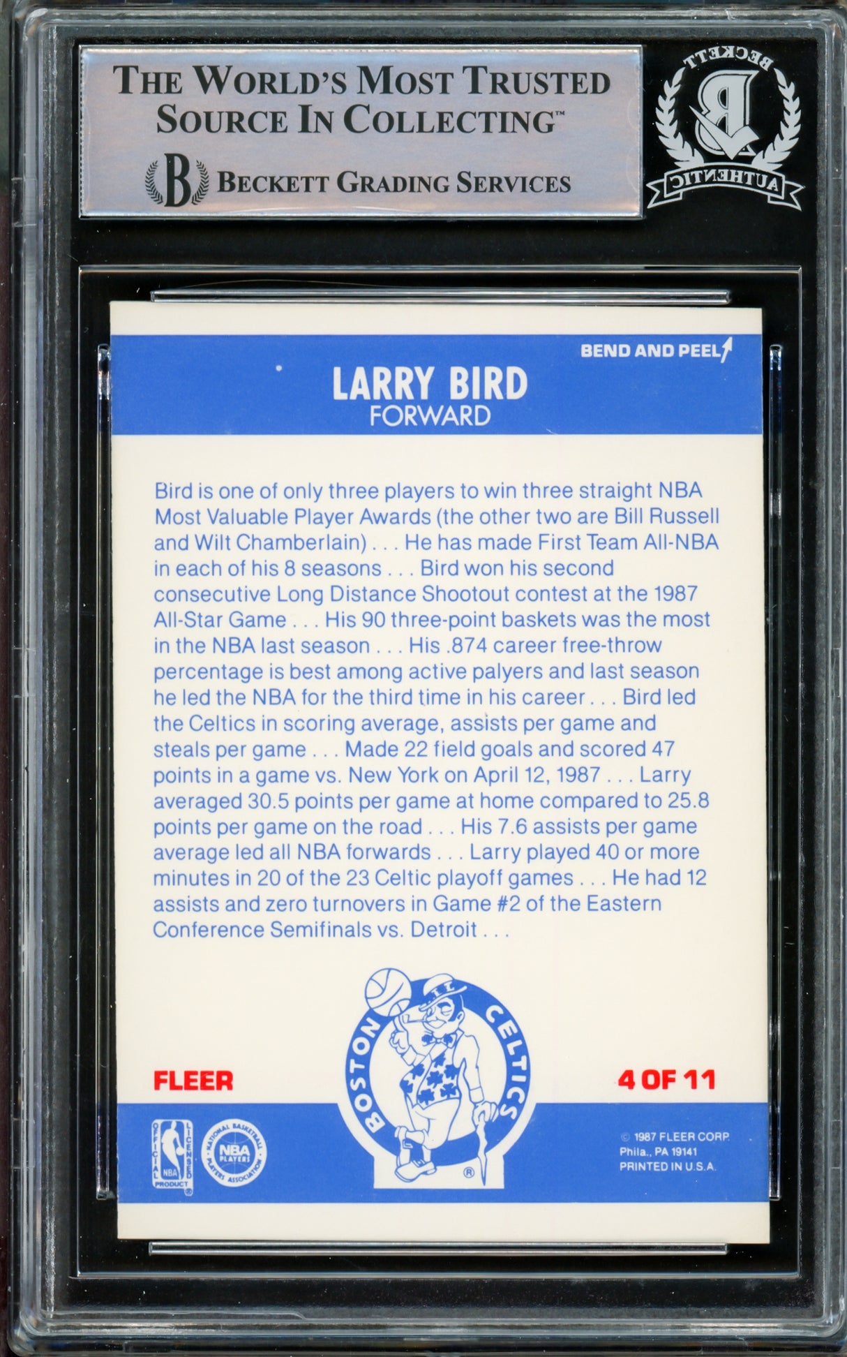 Larry Bird Autographed 1987-88 Fleer Sticker Card #4 Boston Celtics Beckett BAS #14612412