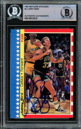 Larry Bird Autographed 1987-88 Fleer Sticker Card #4 Boston Celtics (Smudged) Beckett BAS #14612419