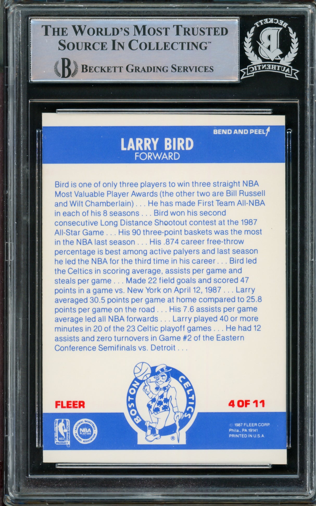 Larry Bird Autographed 1987-88 Fleer Sticker Card #4 Boston Celtics (Smudged) Beckett BAS #14612419
