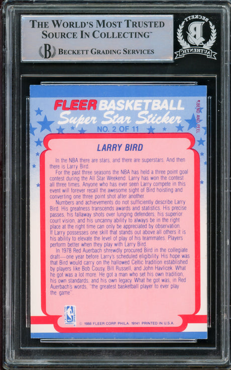 Larry Bird Autographed 1988-89 Fleer Sticker Card #2 Boston Celtics (Smudged) Beckett BAS #14612426