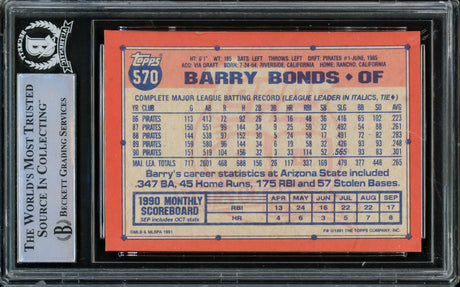 Barry Bonds Autographed 1991 Topps Card #570 Pittsburgh Pirates Beckett BAS #14612499