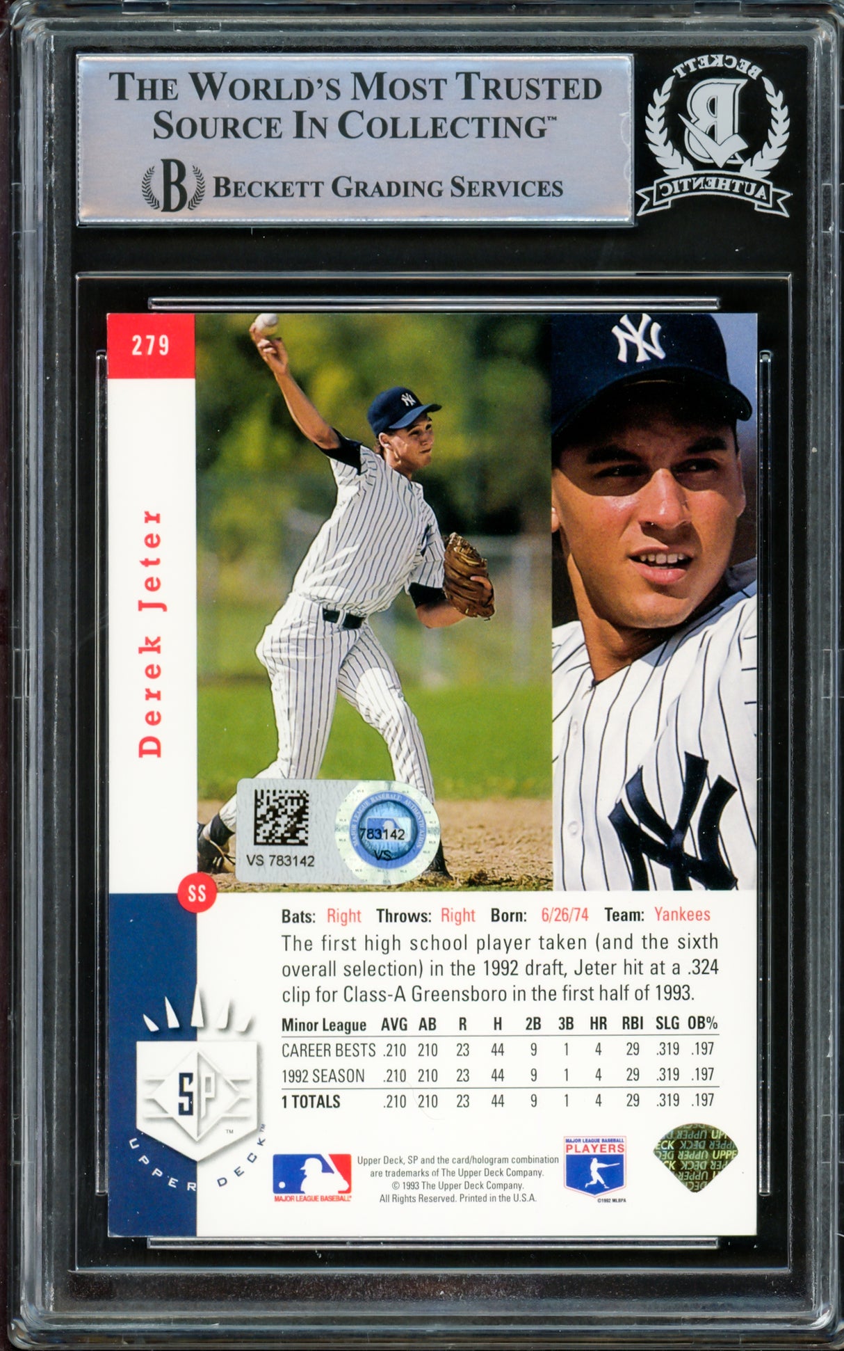 Derek Jeter Autographed 1993 Upper Deck SP Card #279 New York Yankees "The Captain" MLB Holo & Beckett BAS #14612502