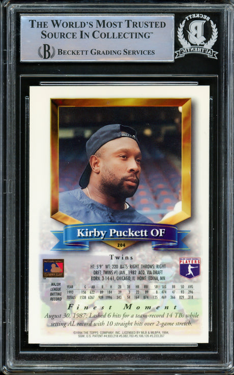 Kirby Puckett Autographed 1994 Topps Finest Card #204 Minnesota Twins Beckett BAS #14612503