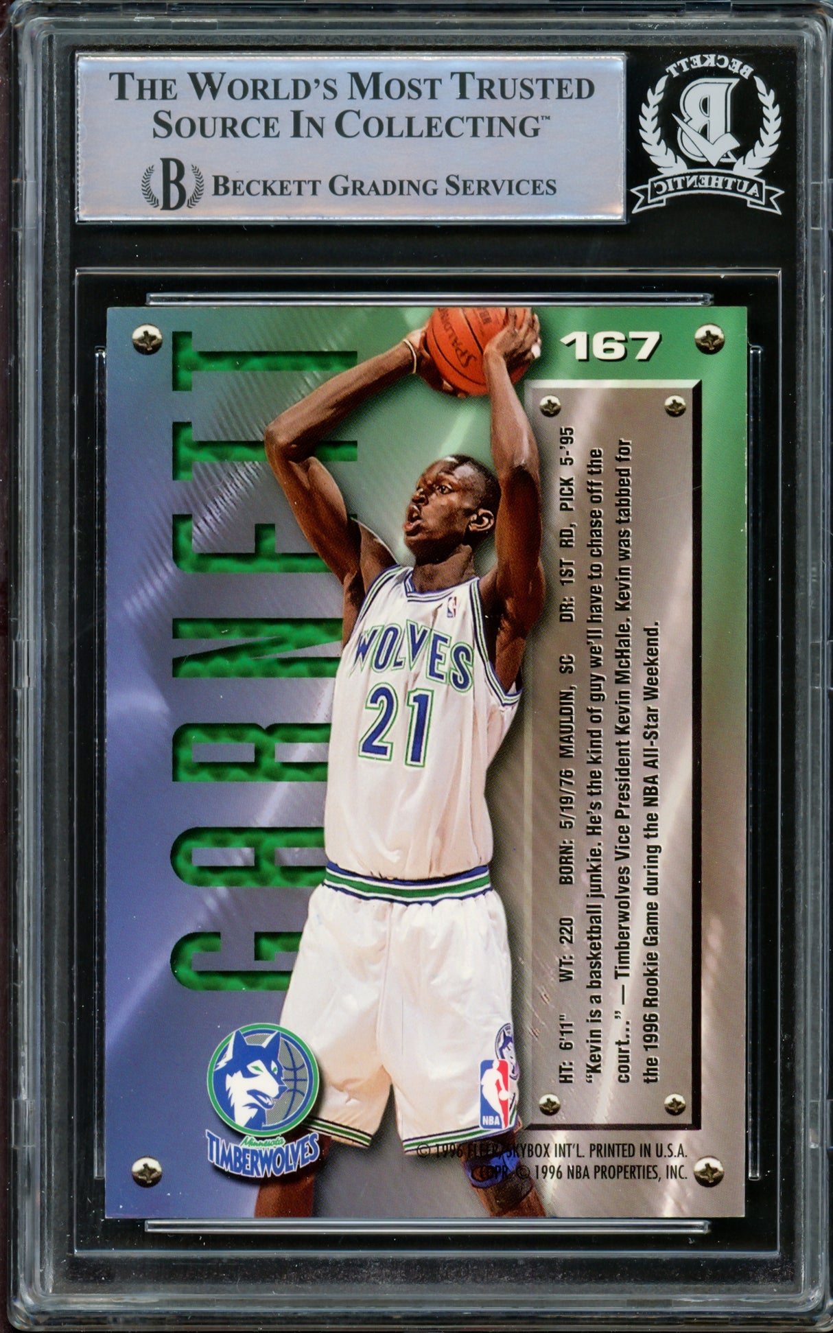 Kevin Garnett Autographed 1995-96 Fleer Metal Rookie Card #167 Minnesota Timberwolves Beckett BAS #14612518