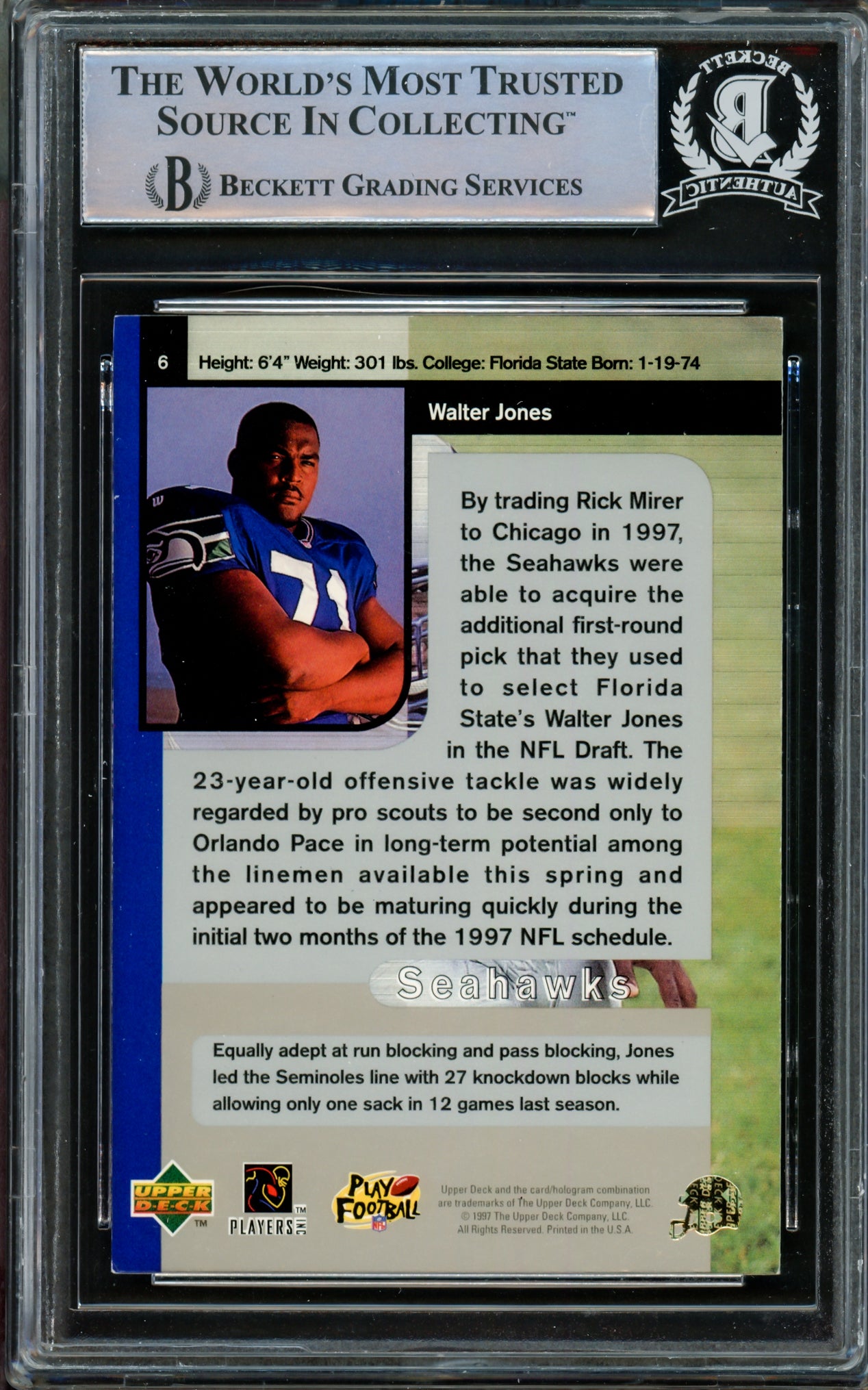 Walter Jones Autographed 1997 Upper Deck SP Rookie Card #6 Seattle Seahawks Beckett BAS #14612532