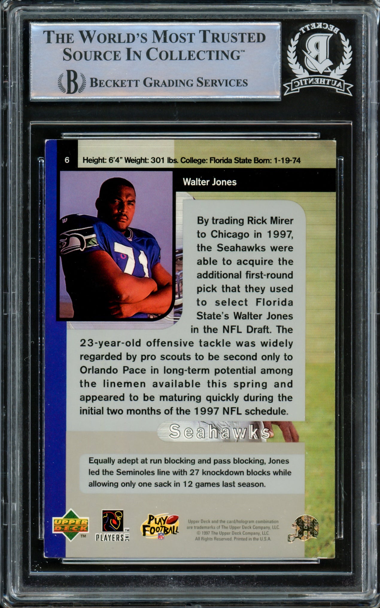 Walter Jones Autographed 1997 Upper Deck SP Rookie Card #6 Seattle Seahawks Beckett BAS #14612534