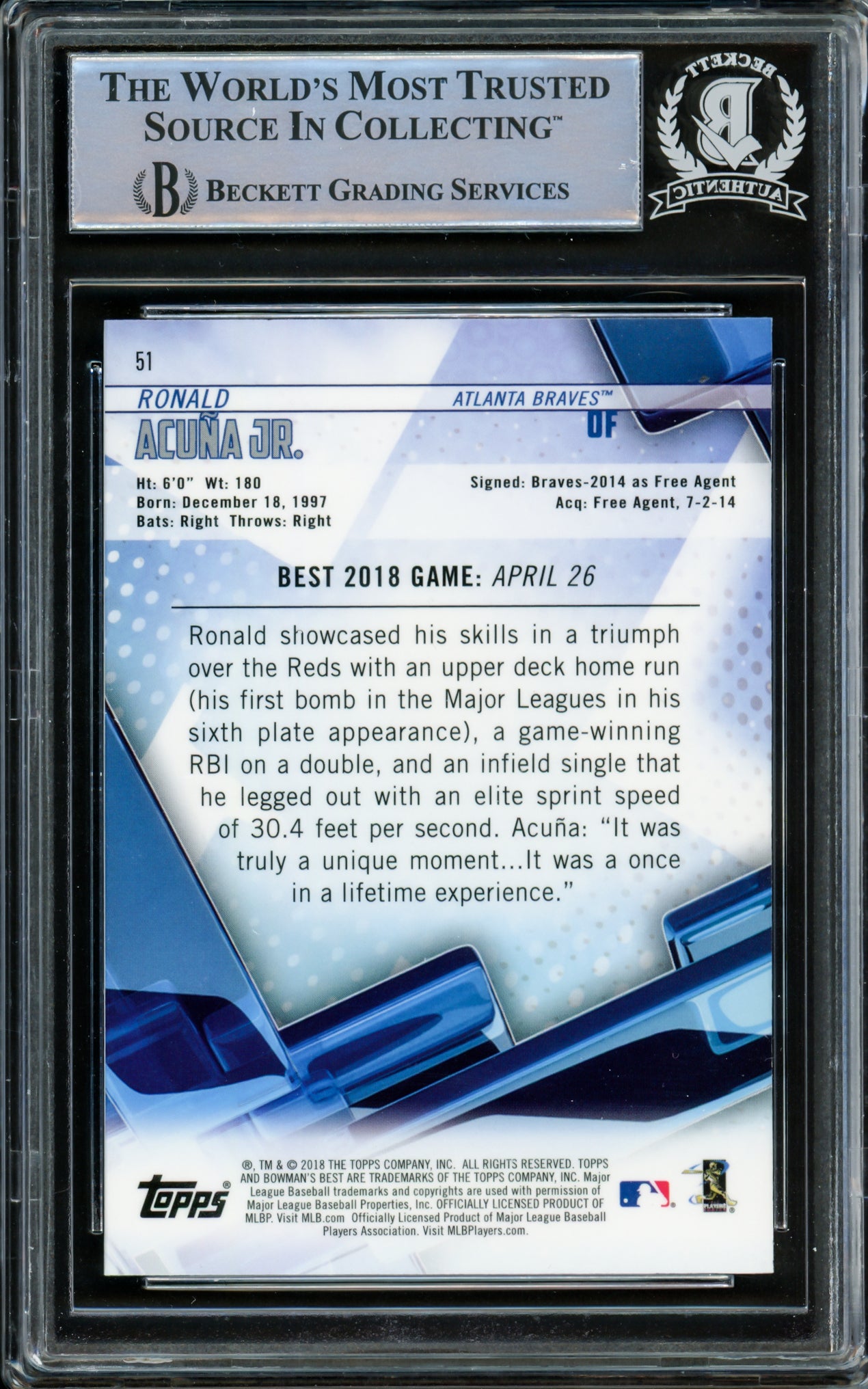 Ronald Acuna Jr. Autographed 2018 Bowman's Best Rookie Card #51 Atlanta Braves Beckett BAS #14612554