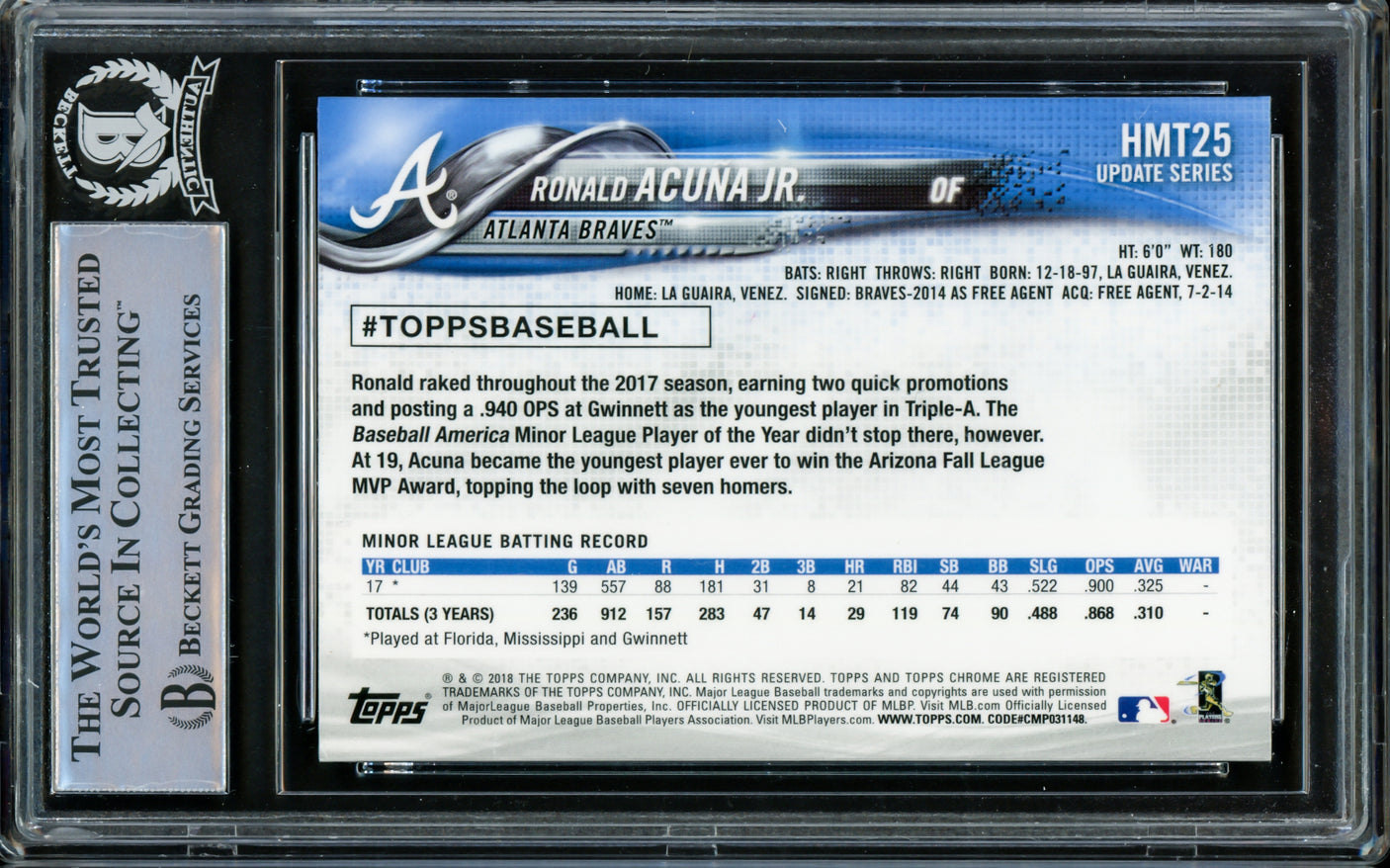 Ronald Acuna Jr. Autographed 2018 Topps Chrome Update Rookie Card #HMT25 Atlanta Braves Beckett BAS #14612556