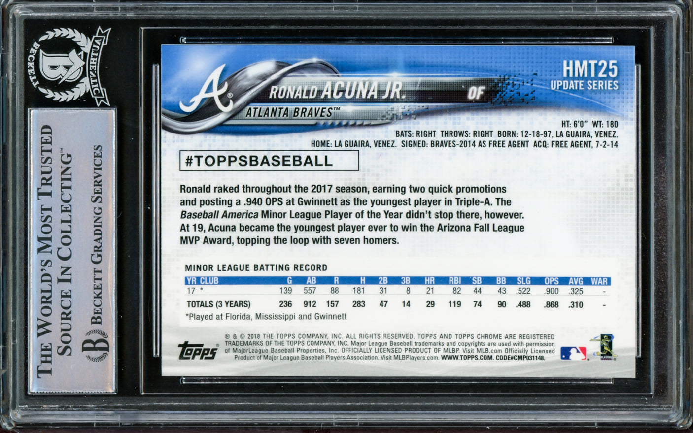 Ronald Acuna Jr. Autographed 2018 Topps Chrome Update Rookie Card #HMT25 Atlanta Braves Beckett BAS #14612559