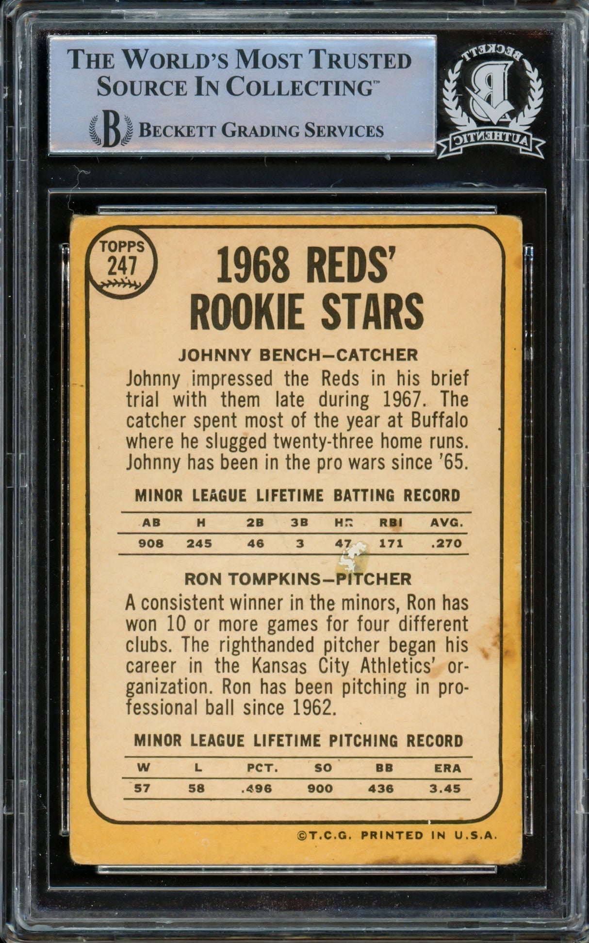 Johnny Bench Autographed 1968 Topps Rookie Card #247 Cincinnati Reds Beckett BAS #14862530