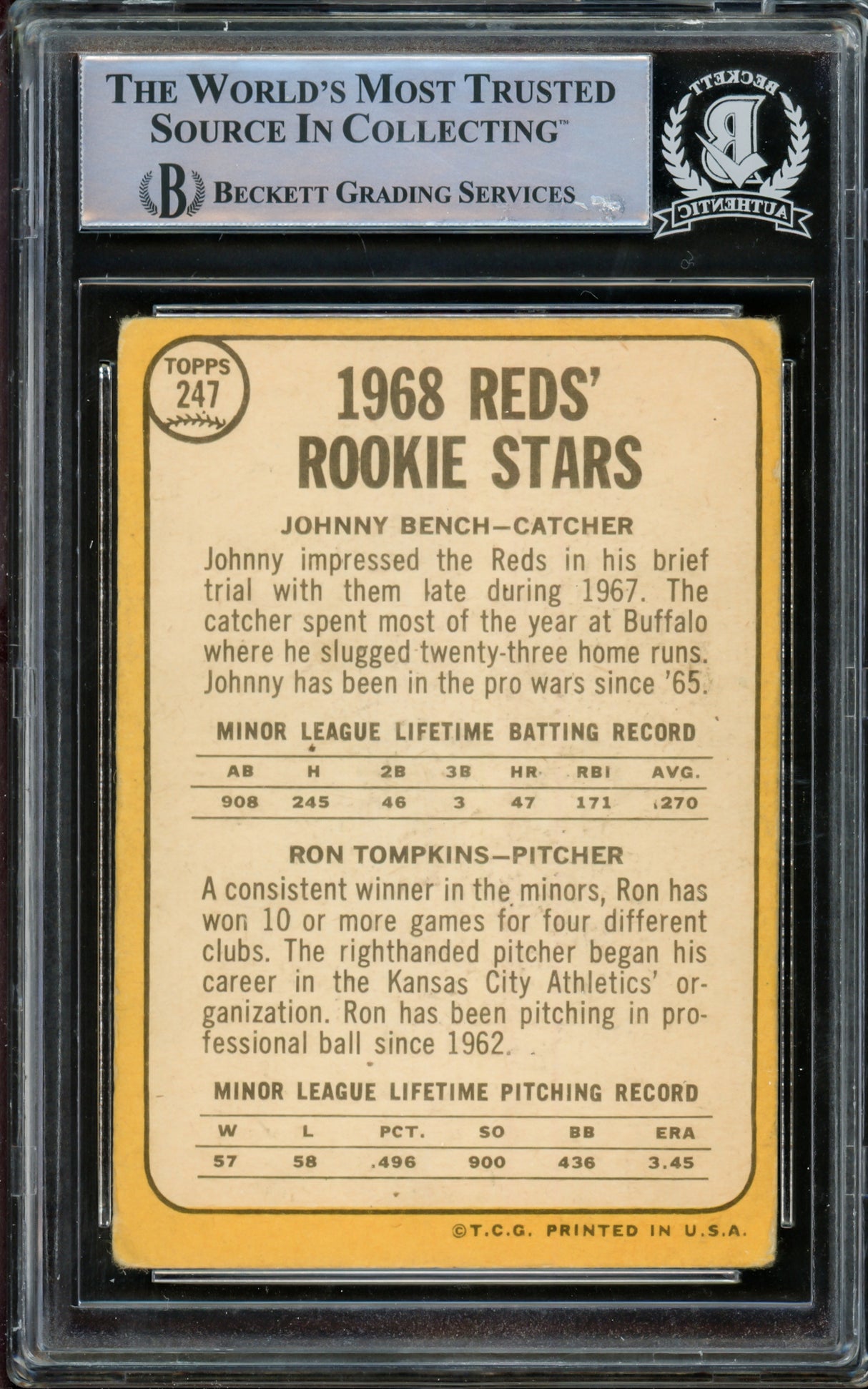 Johnny Bench Autographed 1968 Topps Rookie Card #247 Cincinnati Reds Beckett BAS #14862533