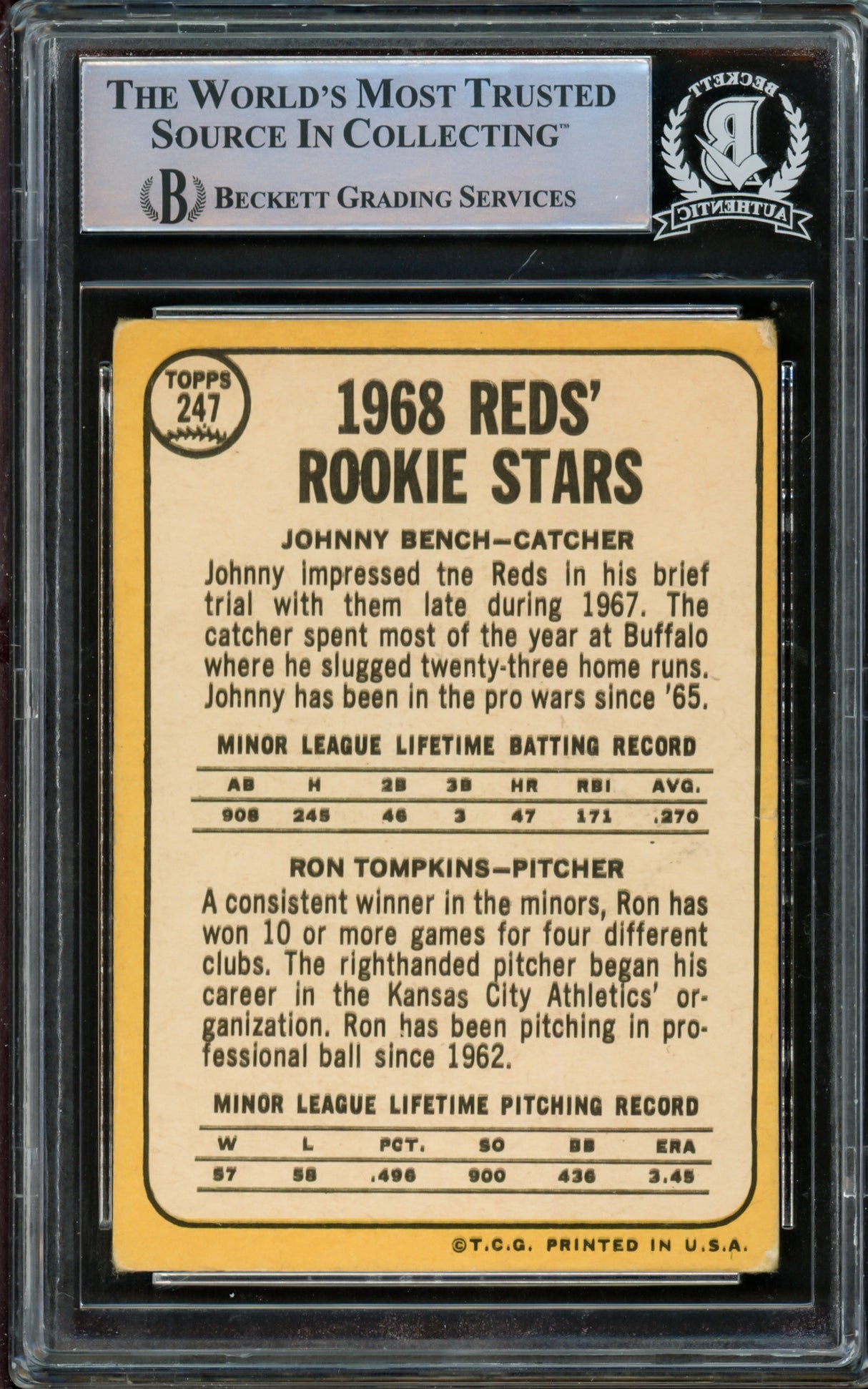 Johnny Bench Autographed 1968 Topps Rookie Card #247 Cincinnati Reds (Off Condition) Beckett BAS #14862537