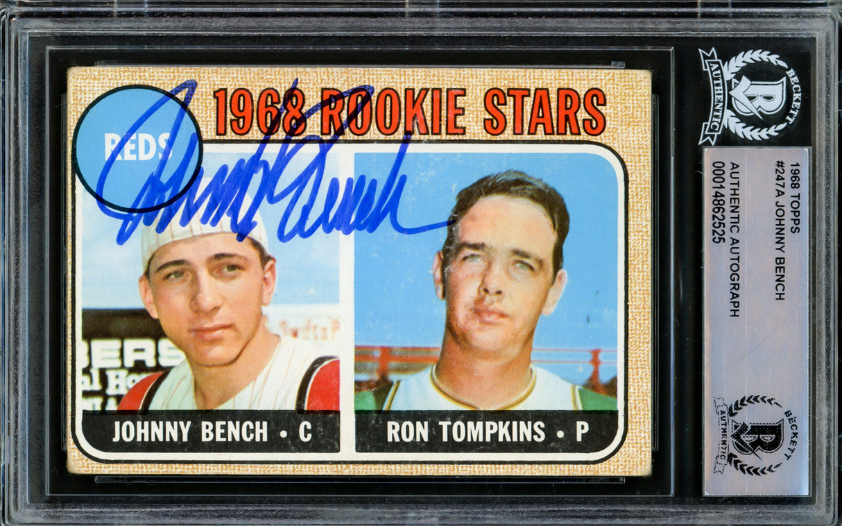 Johnny Bench Autographed 1968 Topps Rookie Card #247 Cincinnati Reds (Off Condition) Beckett BAS #14862525
