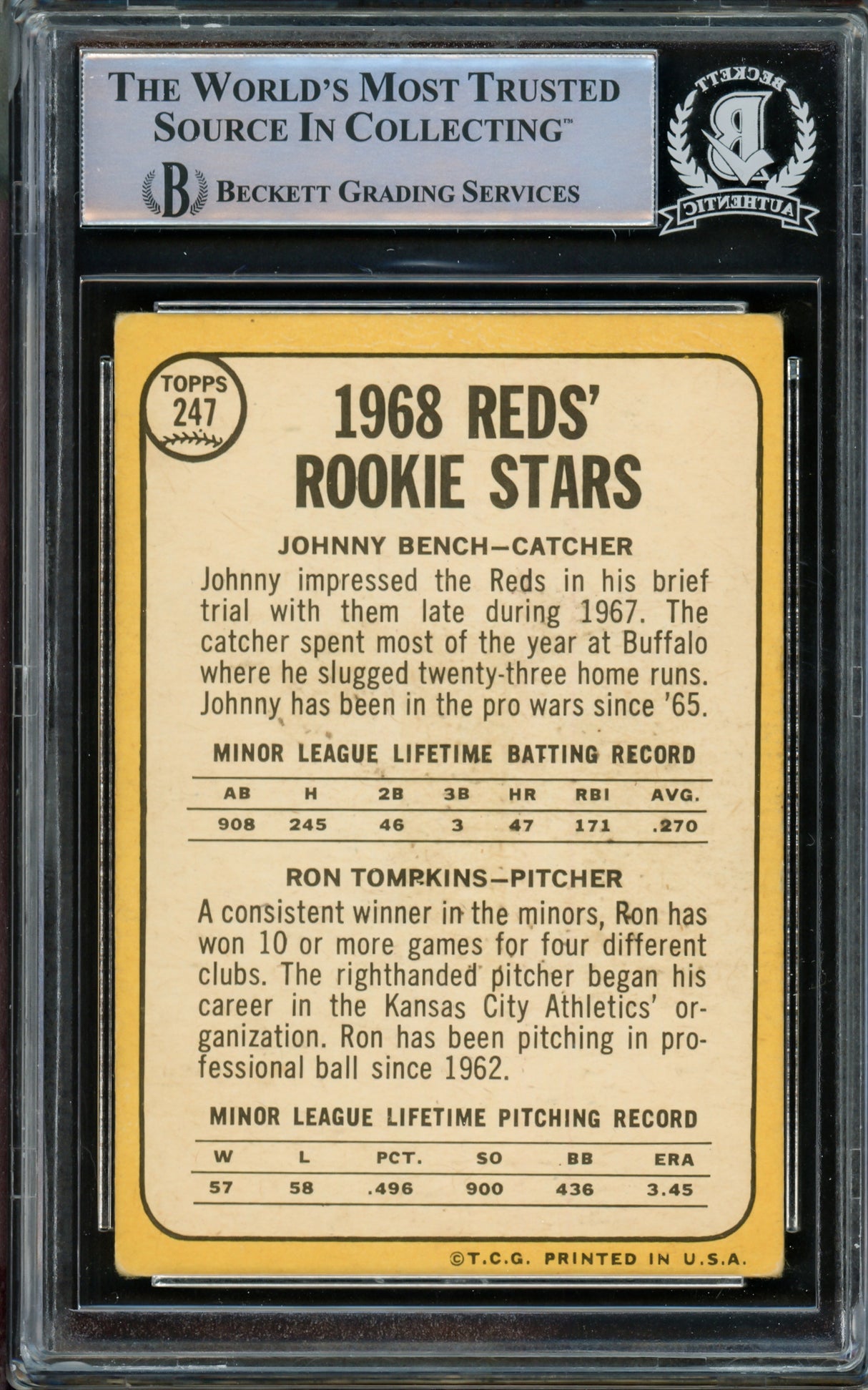 Johnny Bench Autographed 1968 Topps Rookie Card #247 Cincinnati Reds (Off Condition) Beckett BAS #14862525