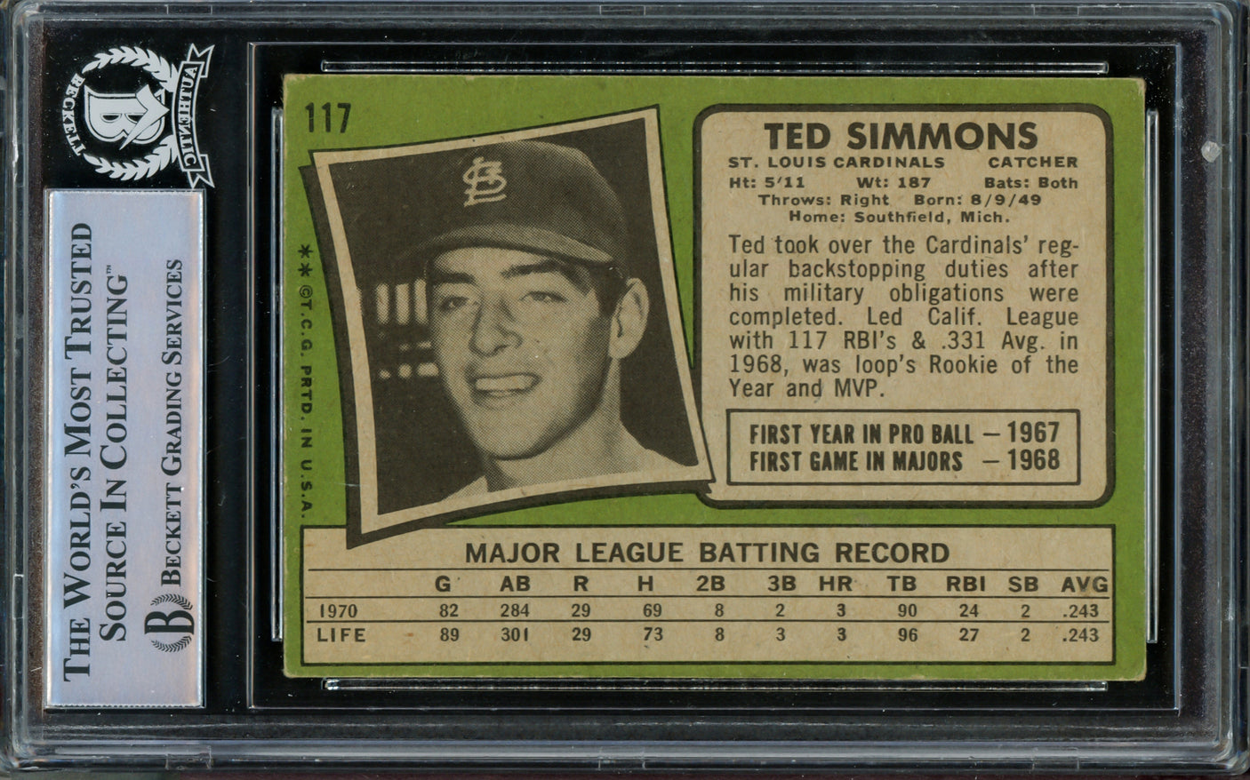 Ted Simmons Autographed 1971 Topps Rookie Card #117 St. Louis Cardinals Beckett BAS #14862604