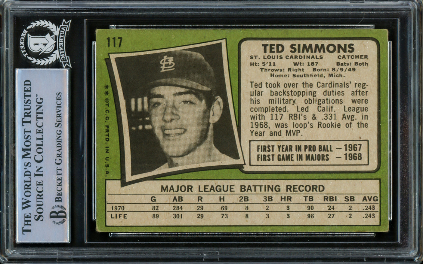 Ted Simmons Autographed 1971 Topps Rookie Card #117 St. Louis Cardinals Beckett BAS #14862578